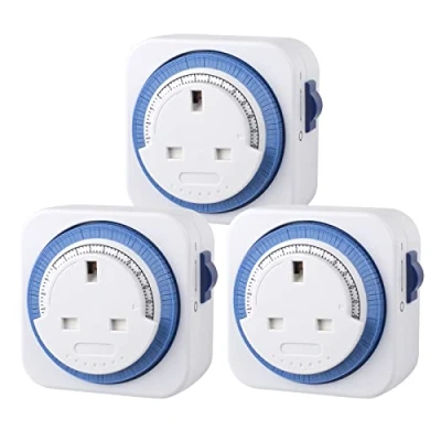 Image of HBN Mechanical Timer Plug Socket, 24 Hour Programmable Energy Saving Compact UK in Indoor Socket for Lights, Lamp and Home Appliances (13A/3120W, 3 Pack)