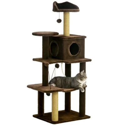 Image of PawHut 136cm Cat Tree for Indoor Cats, Tower with Scratching Posts, Hammock, Toy Ball, House, Platforms Brown
