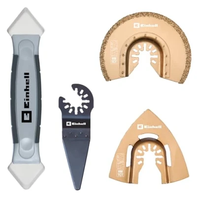 Image of Original Einhell 4 Piece Multitool Set Tiles (Multifunctional Tool Accessories, Starlock System, for Tiles, Delta Rasp, Segment Saw Blade, Scraper, Joint Smoother
