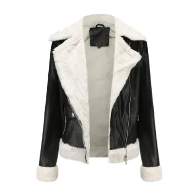 Image of DLLDLGG Women Leather Jacket Faux Fur Moto Thicken Fleece Lined Winter Shearling Fluffy Coat Cropped Bomber
