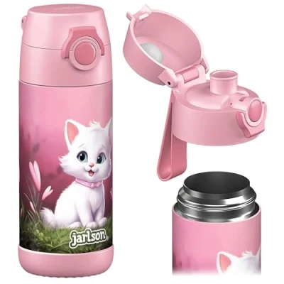 Image of JARLSON® Kids Water Bottle &quot;Mali&quot; Insulated Stainless Steel BPA Free Leak Proof with Chug Lid School Kindergarten Cat