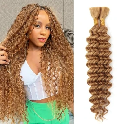 Image of Human Braiding Hair for Micro Braids 14 Inch 100g Boho Extensions 2Bundles Wet And Wavy Curly Deep Wave Bulk Knotless (27#, Inch(50g/Bundle x2))