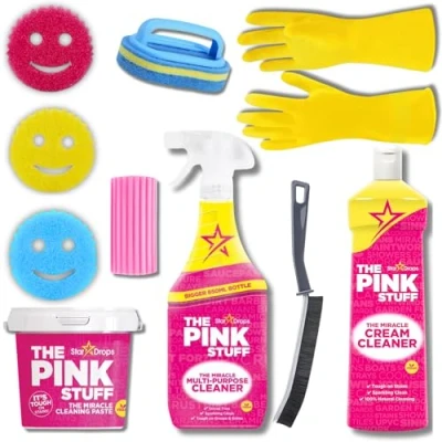 Image of Kevagh Premium Cleaning Bundle The Pink Stuff Miracle Multi Purpose Cleaner, Cream Paste, Damp Duster Sponge, Narrow Gap Brush, Scrubber with Handle, and Smiley Face Sponges Pack.