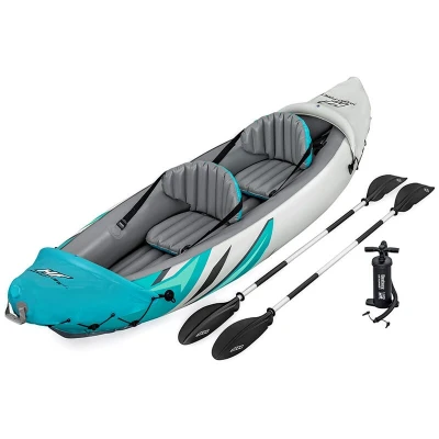 Image of Hydro Force Rapid Elite 2 Person Kayak Inflatable Boat Set with Hand Pump, Paddles, Seats, Fins, and Storage Bag, Two Seater