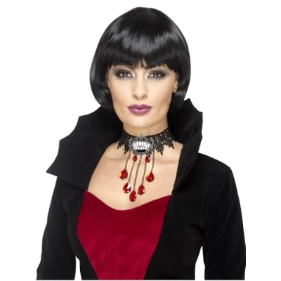 Image of Smiffys Deluxe Gothic Vamp Choker, Black with Metal Brooch, Halloween Fancy Dress Accessory, Vampire Up Jewellery