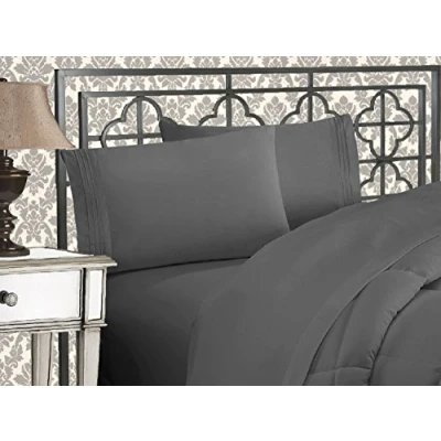 Image of Elegant Comfort Luxurious 1500 Premium Hotel Quality Microfiber Three Line Embroidered Softest 4 Piece Bed Sheet Set, Wrinkle and Fade Resistant, California King, Gray