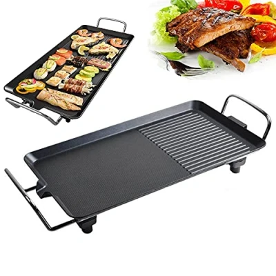 Image of Large Teppanyaki Grill with Non Stick Coating, Multipurpose, Easy to Clean BBQ Table Top Adjustable Temperature Control for Meat, Vegetables &amp; Fish, 67cm x 29.5cm 8.5cm, 1500W