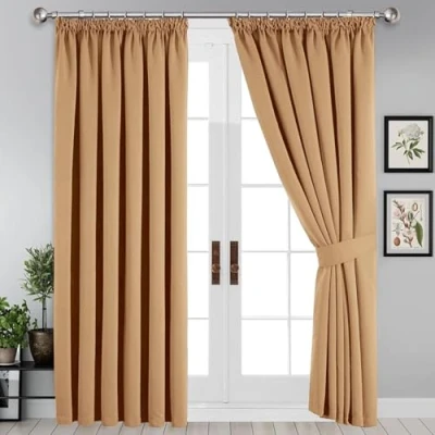 Image of Imperial Rooms Beige Blackout Curtains for Living Room Pencil Pleat Bedroom &amp; Drapes Window Treatments Super Soft Thermal Curtain with Tiebacks 66x72 Inch 2 Panels (168cm x 183cm)