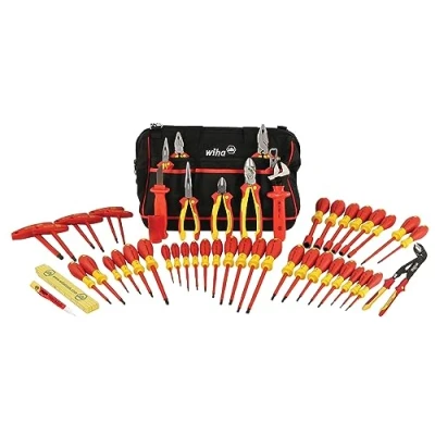 Image of Wiha 32874 Insulated Tool Set with Pliers, Cutters, Nut Drivers, Screwdrivers, T Handles, Knife, Ruler and Voltage Detector, 50 Piece in Canvas Bag