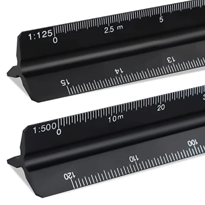 Image of 2Pcs Architectural Scale Ruler, Black Aluminum Triangular Ruler 30cm, Metal for Architects Metric 1:20, 1:25, 1:50, 1:75, 1:100, 1:125 and 1:200, 1:250, 1:300, 1:400, 1:500