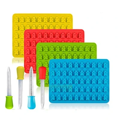 Image of 4 Pack Gummy Bear Candy Silicone Moulds &amp; Ice Cube Trays, Gumdrop Jelly Mould with x Pipettes, 50 Cavity Droppers for Chocolate Molds, Jelly, Soap Molds