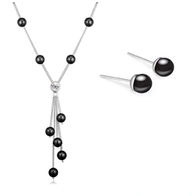 Image of Crystalline Azuria Women 18ct White Gold Plated Crystal Black Simulated Pearls Set Strand Necklace 17.7 inches Stud Earrings