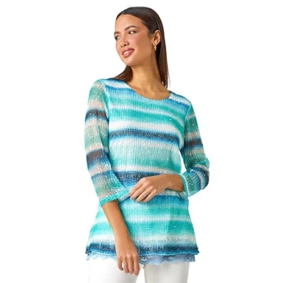 Image of Roman Originals Mesh Overlay Floral Print Blouse for Women UK Ladies Smart Top Casual T Shirt Summer Spring Flower Printed Layer Stretch Jersey Comfy Tee Blue White Green Size 20