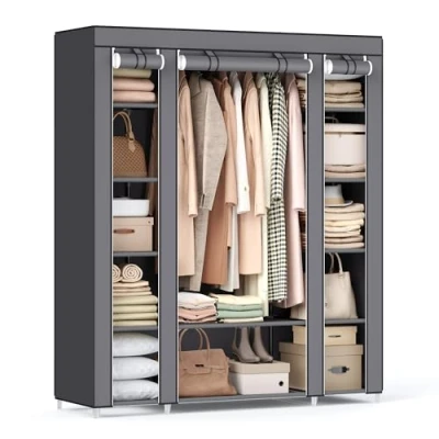 Image of SONGMICS Fabric Wardrobe, Portable Wardrobe for Bedroom, Clothes Rail with Non Woven Cover, Storage Organiser, 45 x 150 175 cm, 12 Compartments, Metal Frame, Grey LSF03G