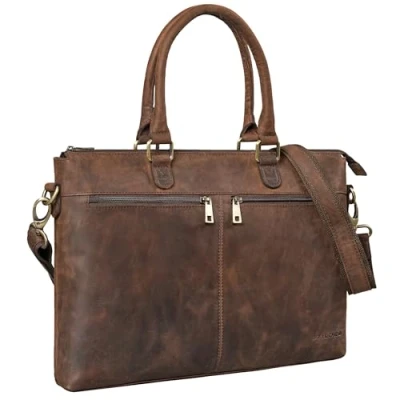 Image of STILORD &#039;Bailey&#039; Business Laptop Bag Leather 15 inch Large for Work Office Meeting Vintage Notebook Shoulder Trolley Attachable, Colour:zamora brown