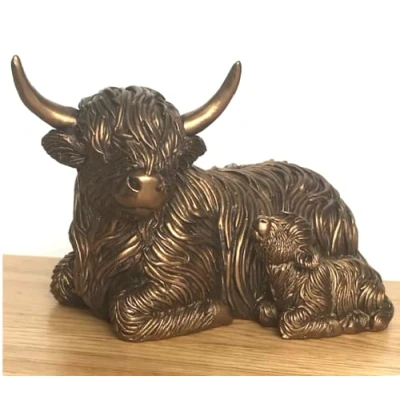 Image of Laying Highland Cow Mother &amp; Calf ornament figurine from the Leonardo Reflections Bronzed range