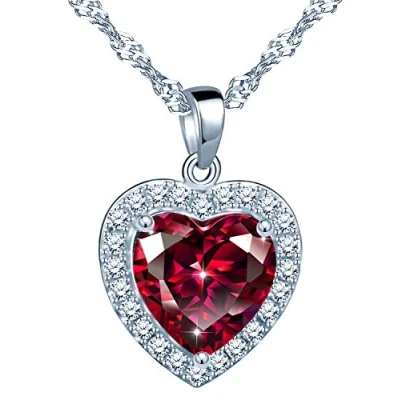 Image of Yumilok Jewelry 925 Sterling Silver Cubic Zirconia Simulated Emerald Heart Shaped Halo Pendant Necklace for Women/Girls, Red