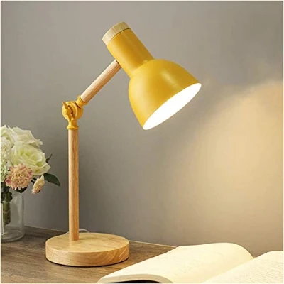 Image of Bedside Table Lamp, Modern Wood Desk Lamp with Metal Shade Adjustable Nightstand for Office, Study Room, Bedroom, Living Kids Side Table, Reading Desk, ON/Off Switch,Yellow
