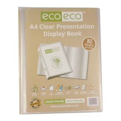 Image of eco A4 Size 50% Recycled 80 Pocket Clear Presentation Display Book, Storage Case Portfolio Art Folder with Plastic Sleeves, eco151