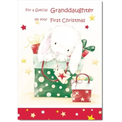 Image of doodlecards Granddaughters 1st First Christmas Card Cute Rabbit with Parcels Medium Size for Plain Envelope