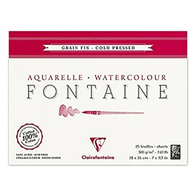 Image of Clairefontaine Ref 96413C Fontaine Cold Pressed Watercolour Glued Pad (25 Sheets) 18 x 24cm Size, 300gsm Paper Suitable for Artwork