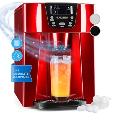 Image of Klarstein Small Ice Maker Machine, Counter Top Machine For Home and Kitchen, 2L Capacity, Fast Operation, Makes 12kg of Ice, Dispenses Cold Water, Bullet Cube