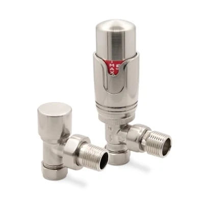 Image of Brushed Nickel Angled Modern Thermostatic Radiator Towel Rail Valves Central Heating (Pair) 1/2&quot; BSP