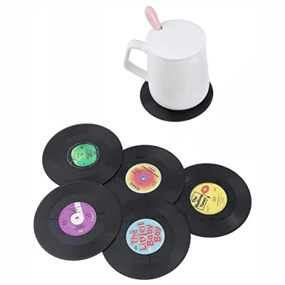 Image of ANCLLO Set of 12 Coasters, 4.1 Inch Retro Vinyl Record Mats Placemats for Cold Hot Drinks, Anti Skid Tabletop Protection Prevents Slipping
