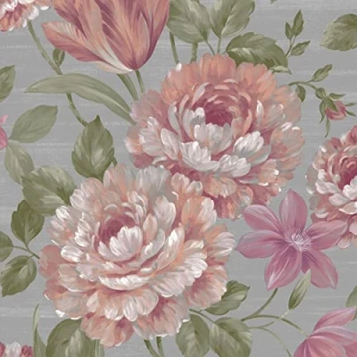 Image of Fayre Floral Wallpaper Pink/Grey Muriva 194301