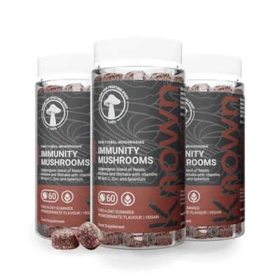 Image of Known Tasty Immunity Mushrooms Gummies Reishi, Maitake, Vitamin C, Zinc &amp; Selenium Natural Pomegranate Flavour 60 Vegan Gummies, 3 Month Supply