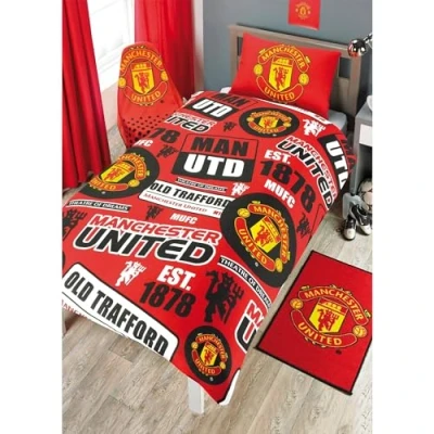 Image of Manchester United FC Official Football Patch Single Duvet And Pillow Set (One Size) (Red/Black/Yellow)