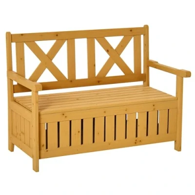 Image of Outsunny Wood Garden Bench 2 Seater Storage Chest Patio Seating Chair with High Back and Armrest