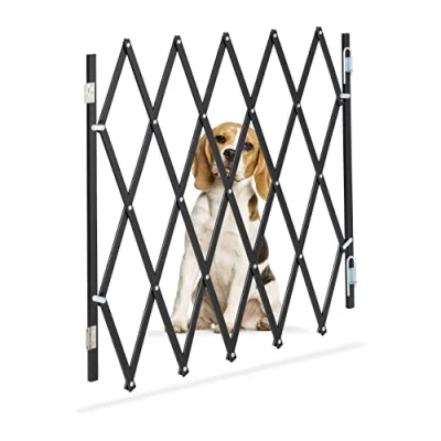 Image of Relaxdays Safety Gate, Dog Barrier, Extendable up to 118 cm, 69 82.5 cm high, Bamboo &amp; Iron, Stairs Doors Guard, Black