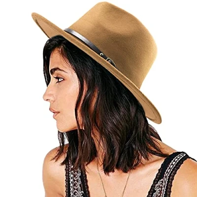 Image of DRESHOW Women Vintage Wide Brim Fedora Hat with Belt Buckle Panama