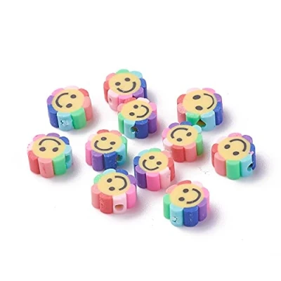 Image of Mixed Colour Polymer Clay Beads Flower with Smiley Face 9 x 5mm Pack of 30