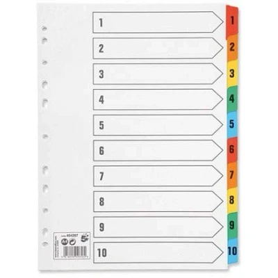 Image of 10 x Set Of A4 File Dividers Numbered 1 Plastic Tabs