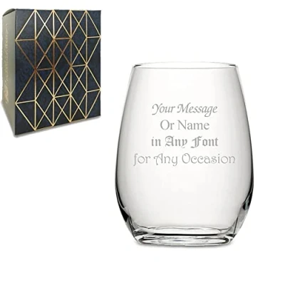 Image of Personalised Engraved 590ml Amber Stemless Wine Glass with Gift Box, Customise Any Message
