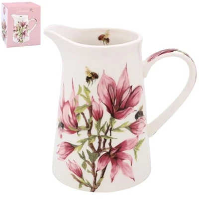 Image of Lesser &amp; Pavey Bee Tanical Medium Size Flower Jug Pretty Bergamot, Poppy, Tulip, Thistle, Magnolia Floral Designs (Magnolia)