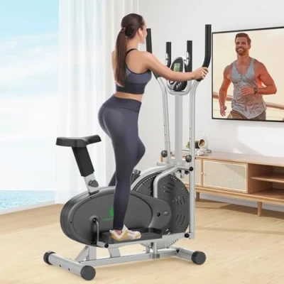 Image of Cowmew Elliptical Cross Trainer, 2 in 1 Trainer Exercise Bike with Adjustable Seat, LCD Monitor, Pulse Sensor &amp; Resistance, Max Weight 265LBS Machine for Home Gym, Siliver