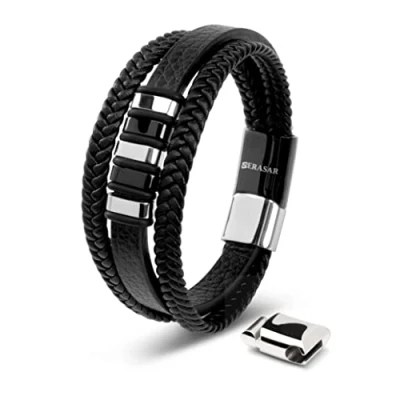 Image of SERASAR Mens Jewellery Leather Bracelet 20cm Silver Men Gift Box Genuine Cowhide Braided Adjust Able Magnetic Clasp Multi Layer Wrap Rope Man Mans Male Bracelets Band Jewelry