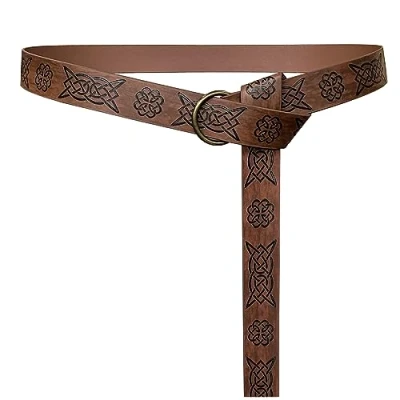 Image of HiiFeuer Medieval Embossed PU Leather O Ring Belt, Retro Renaissance Knight Belt (Dark Brown B)