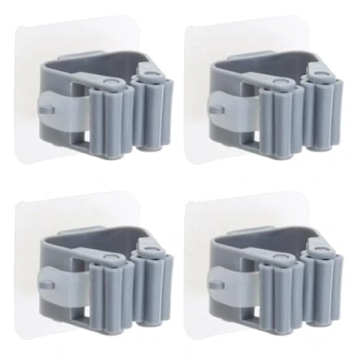 Image of 4 Pack Mop And Broom Holder Wall Mount Grippers Holds Self Adhesive Drilling Dustpan Hanger For Home