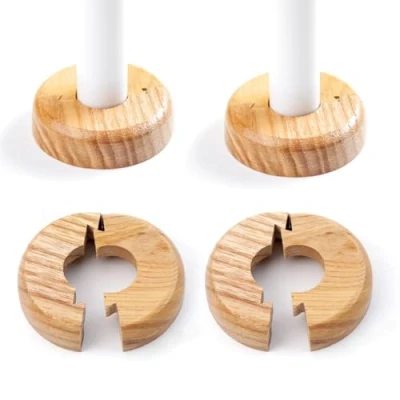 Image of Wooden Radiator Pipe Collars Cover Oak for 15 19mm Pipes Pack of 4 Easy Split Wood to Hide Base