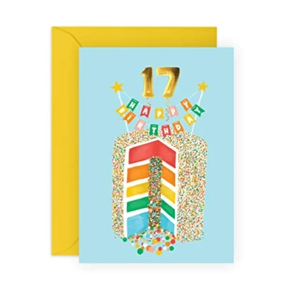 Image of Central 23 Happy Birthday Card For Girls Age 17 17th Daughter Seventeenth Cards Rainbow Cake Comes With Fun Stickers Made In Uk
