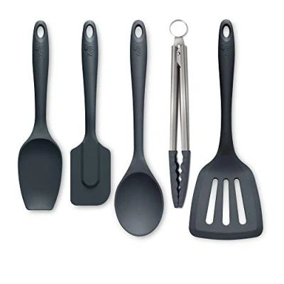 Image of Zeal JSET45T Non Stick Silicone Tongs, Turner, Spatula Cook Spoon 5 Piece Set Dark Grey