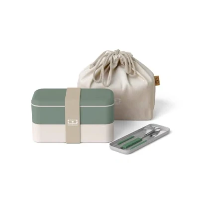 Image of monbento Natural Lunch Box Set with Bento MB Original Compartiments Made in France, Cutlery Slim Box, Bag Pochette M BPA Free Food Grade Safe Green