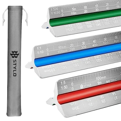 Image of Stylo Aluminum Architect Scale Ruler 30cm Laser Etched Triangle Drafting with Colour Coded Grooves for Blueprint, Architectural Blueprint (Grey, Metric Units)