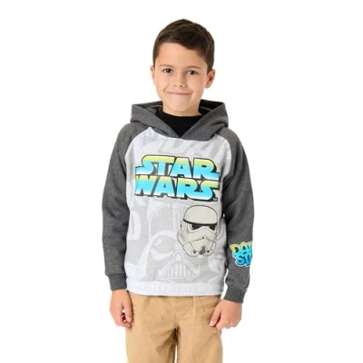 Image of Star Wars Boys Hoodie Kids Two Tone Graphic Hooded Sweatshirt in Grey Dark Side Stormtrooper Darth Vader Graffiti Style Apparel Sweater Sci fi Movie Film Character Merchandise Gift