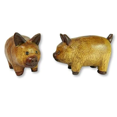 Image of Thai Gifts Wooden Pig Carving Pair of Hand Carved Pigs Piglets