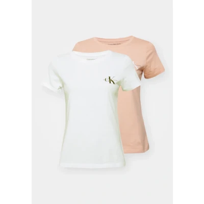 Image of Calvin Klein Jeans Monologo SLIM TEE 2 PACK Basic Tshirt, Women&#039;s, Size: 3XL, Dusty coral/brilliant white